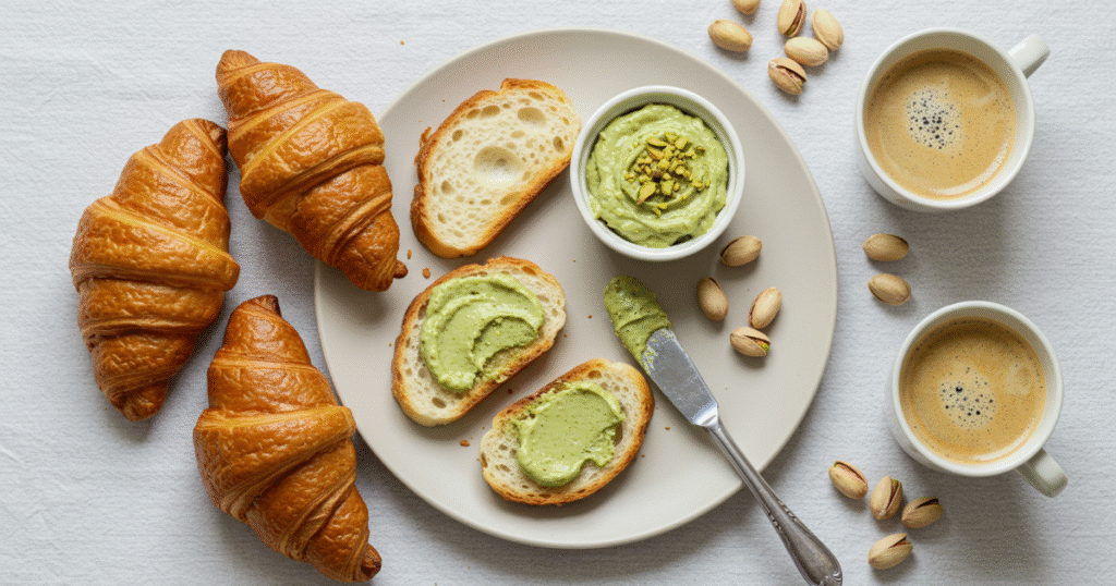 A breakfast scene with toast and croissants spread with pistachio cream, perfect for brunch or snacking.
