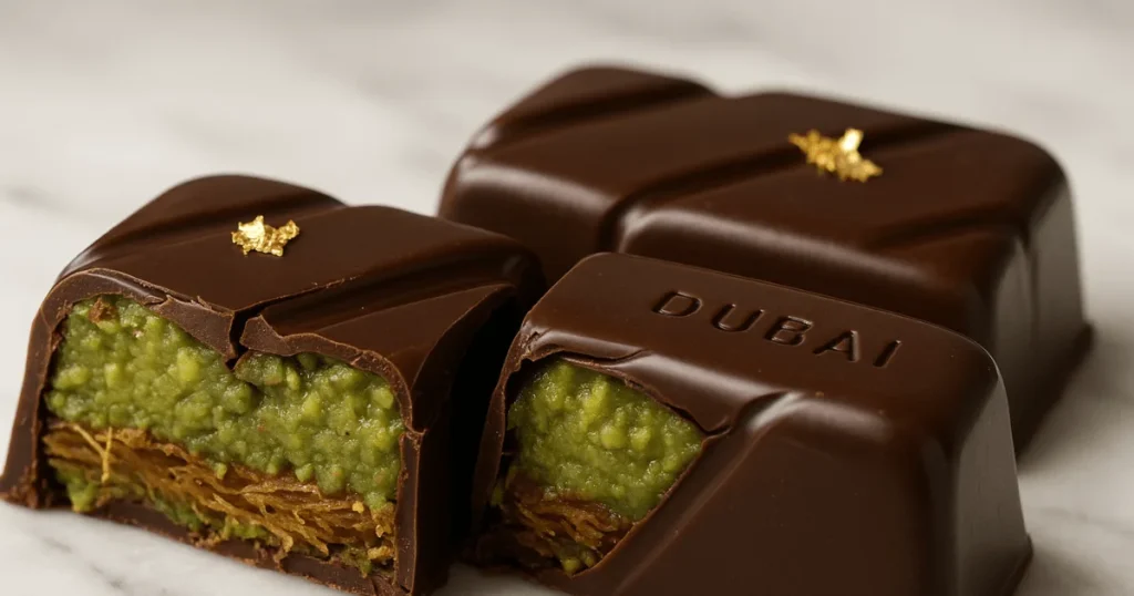 Close-up of homemade Dubai chocolate bar sliced open to show pistachio filling and crunchy kataifi pastry inside.