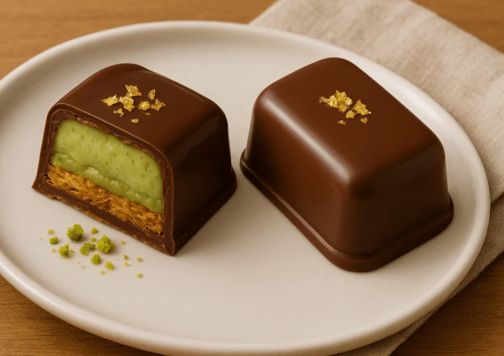 Homemade Dubai chocolate recipe bars with pistachio filling, sliced and served with gold decoration.
