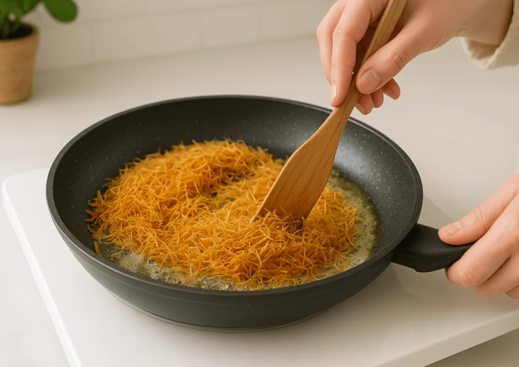 Golden brown kataifi pastry being toasted in a skillet with butter for the Dubai chocolate bar filling.