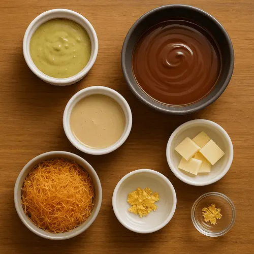 Flat lay of ingredients for making Dubai chocolate bars, including pistachio cream, chocolate, tahini, and kataifi pastry.