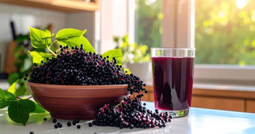 Fresh elderberries in a wooden bowl next to a glass of homemade elderberry juice on a kitchen counter.