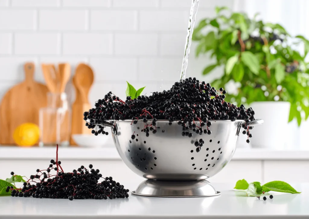 Fresh elderberries being rinsed in a colander under running water to remove dirt and debris.
