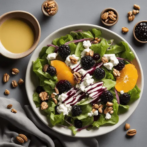 A fresh leafy salad with goat cheese and walnuts drizzled with homemade elderberry dressing, surrounded by its fresh ingredients.