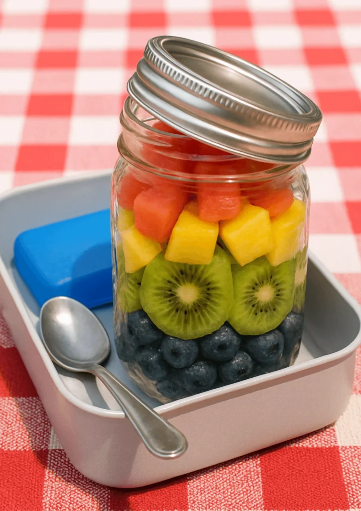 Layered fruit salad stored in a mason jar for freshness and easy transport.