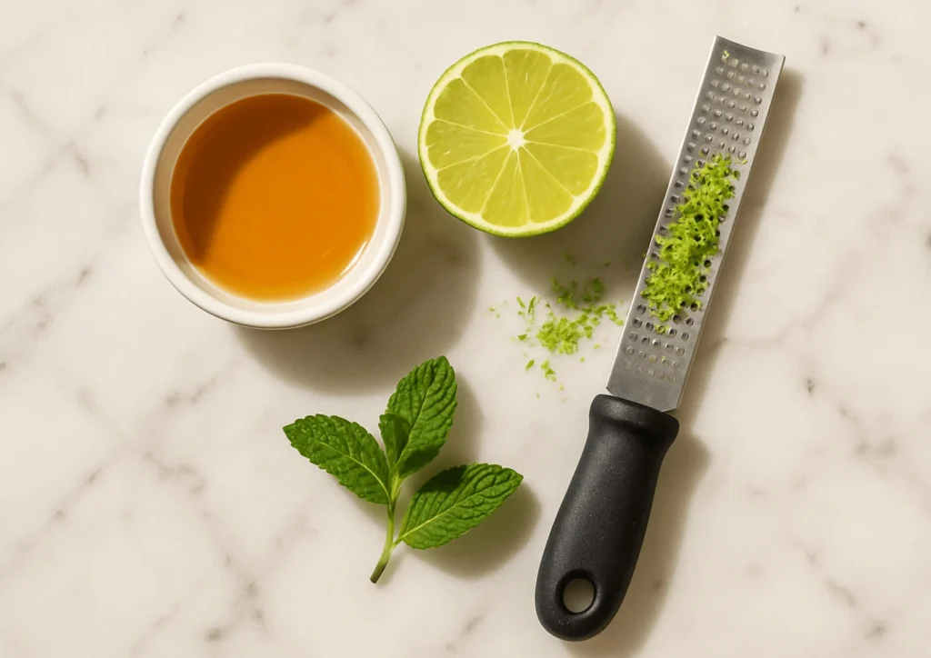 Flat lay of honey, lime, mint, and zest—ingredients for a fresh fruit salad dressing.
