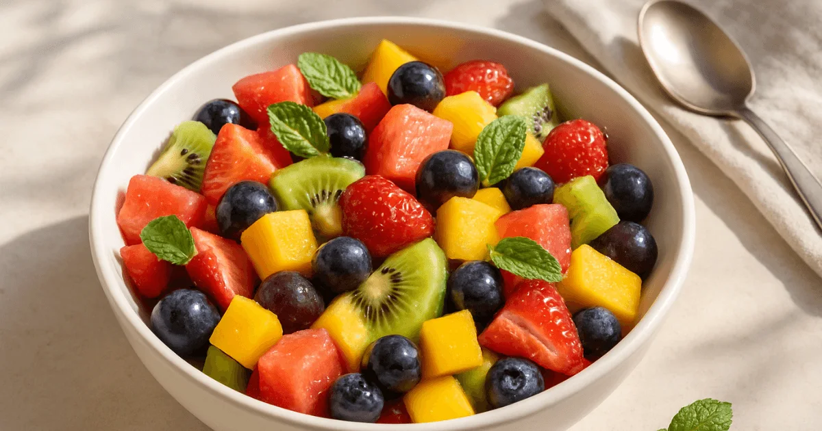 A vibrant homemade fruit salad with kiwi, mango, berries, and a honey-lime dressing in a white bowl on a wooden table.