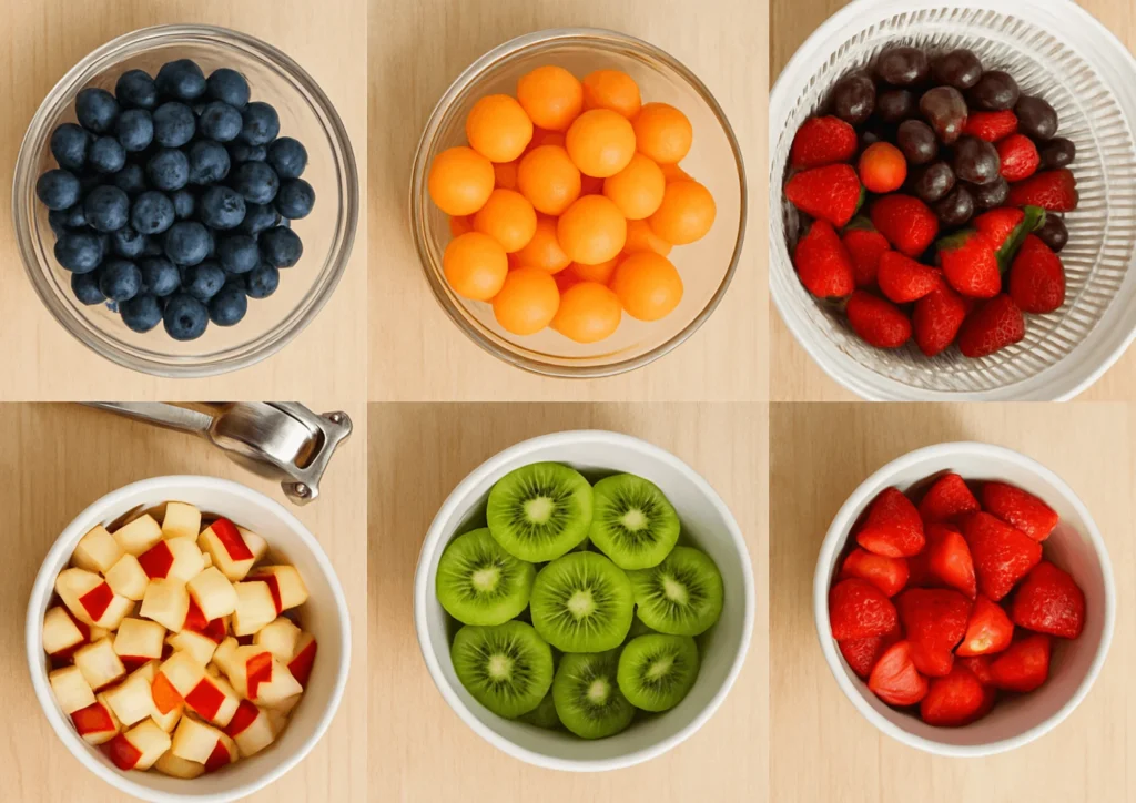Various chopped fruits in separate bowls, ready to be combined into a fruit salad.