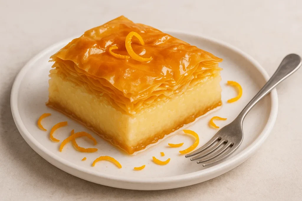 Greek Galaktoboureko dessert made with semolina custard layered in phyllo pastry and soaked in syrup.