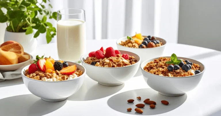 A bright breakfast table with three bowls of gluten free cereals topped with fresh fruit and almond milk, showing a healthy morning meal idea.