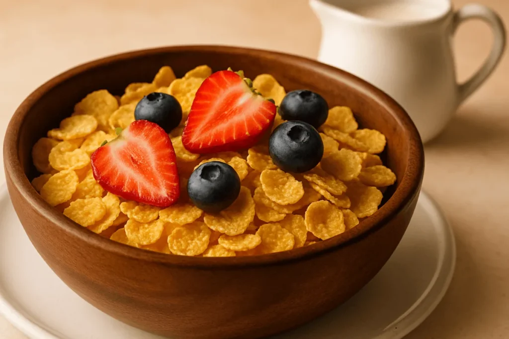 A close-up of gluten-free corn flakes topped with strawberries and blueberries in a wooden bowl, served on a rustic breakfast table.