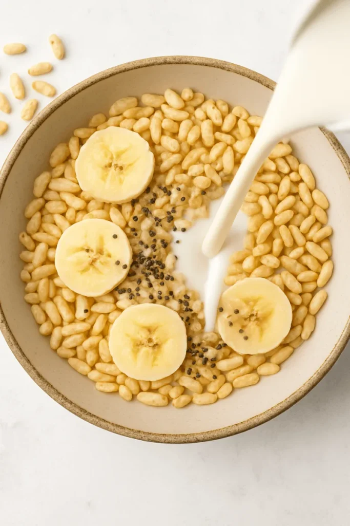 A top view of puffed rice cereal with banana slices and chia seeds, with almond milk being poured over it.