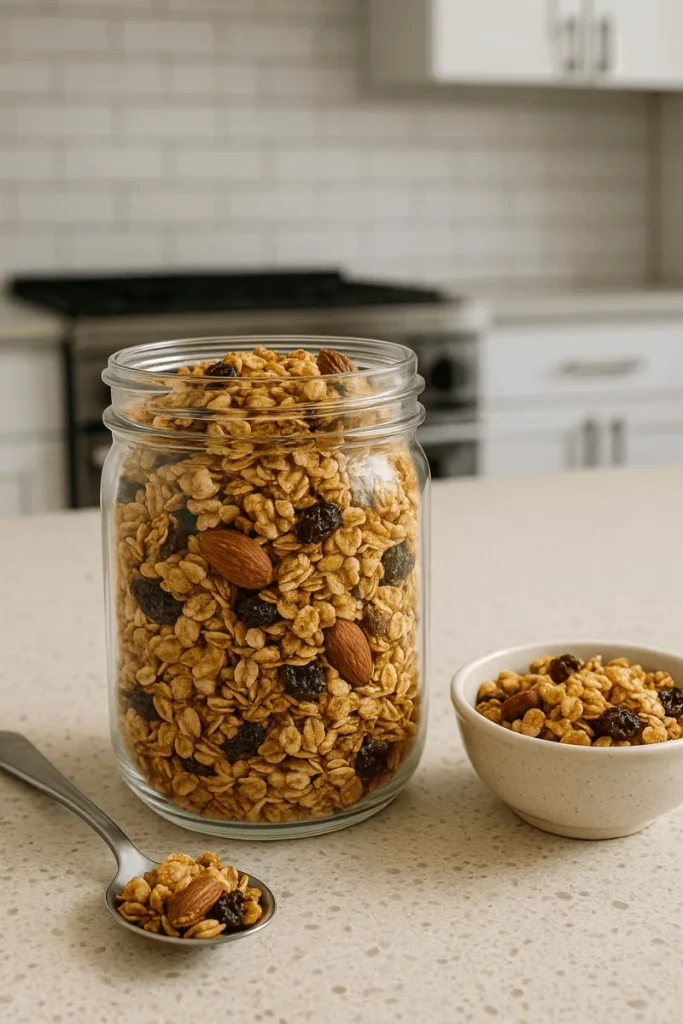A glass jar of homemade gluten-free granola with oats, nuts, and dried fruit, placed on a kitchen counter.