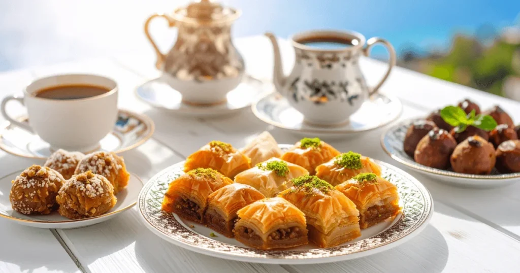 A rustic table showcasing popular Greek desserts including Baklava, Kataifi, Loukoumades, and Galaktoboureko, served with Greek coffee.