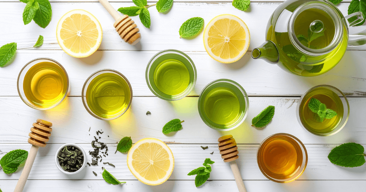 Alcohol-free green tea shots served in clear glasses with lemon, honey, and mint—perfect for a healthy and refreshing drink.