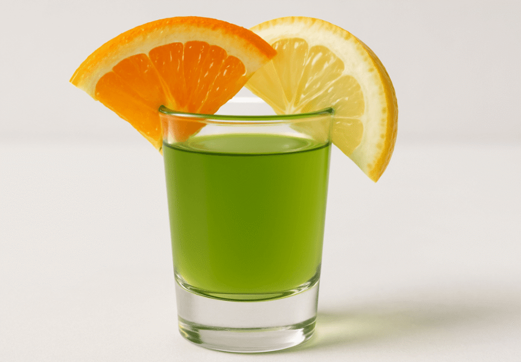 A citrus green tea shot with lemon and orange, a refreshing alcohol-free recipe.