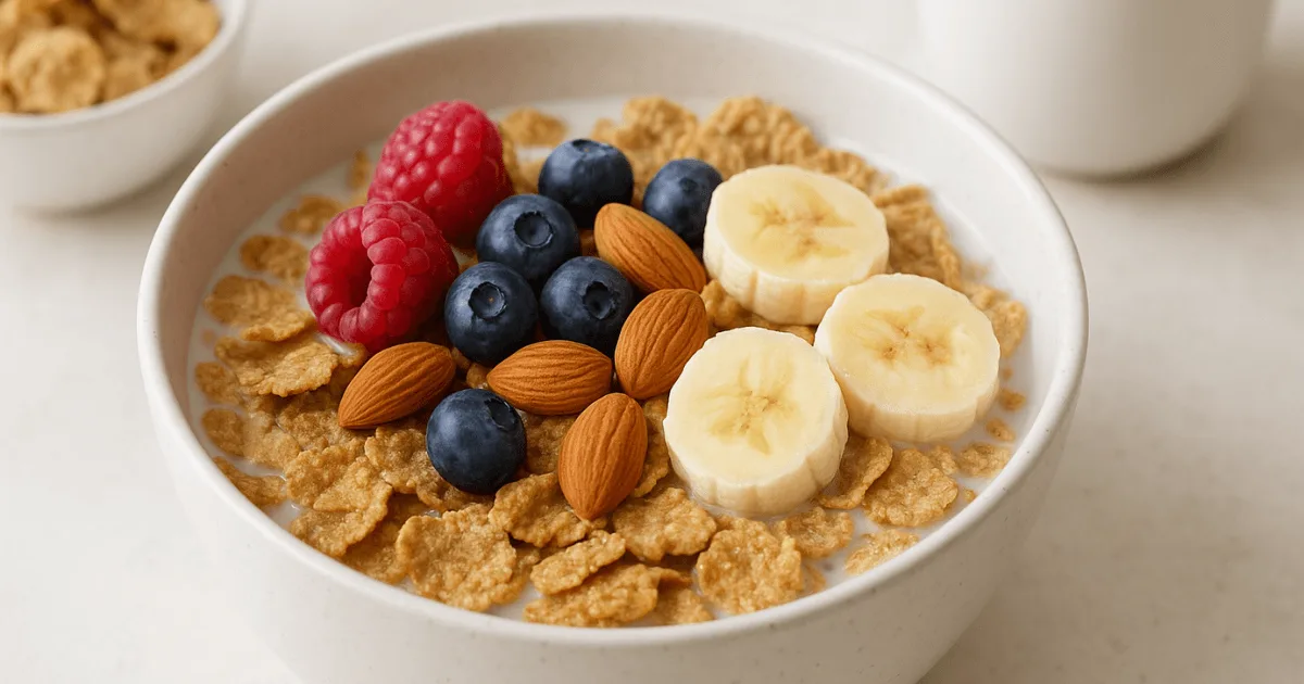 A wholesome breakfast bowl with whole-grain cereal, fresh berries, banana slices, and almonds served with oat milk, perfect for weight loss and energy.