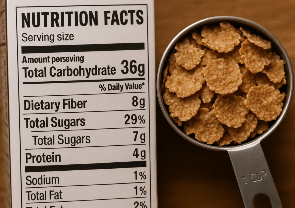 A nutrition label on a Healthy Cereal box emphasizing fiber, sugar, and protein content, with a portion of cereal measured out beside it.