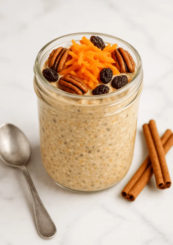 A jar of carrot cake overnight oats topped with shredded carrots, raisins, and pecans, a healthy high-fiber breakfast option.