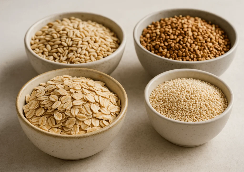 A selection of whole grains — oats, quinoa, barley, and buckwheat — used for making high-fiber, nutrient-rich cereals.