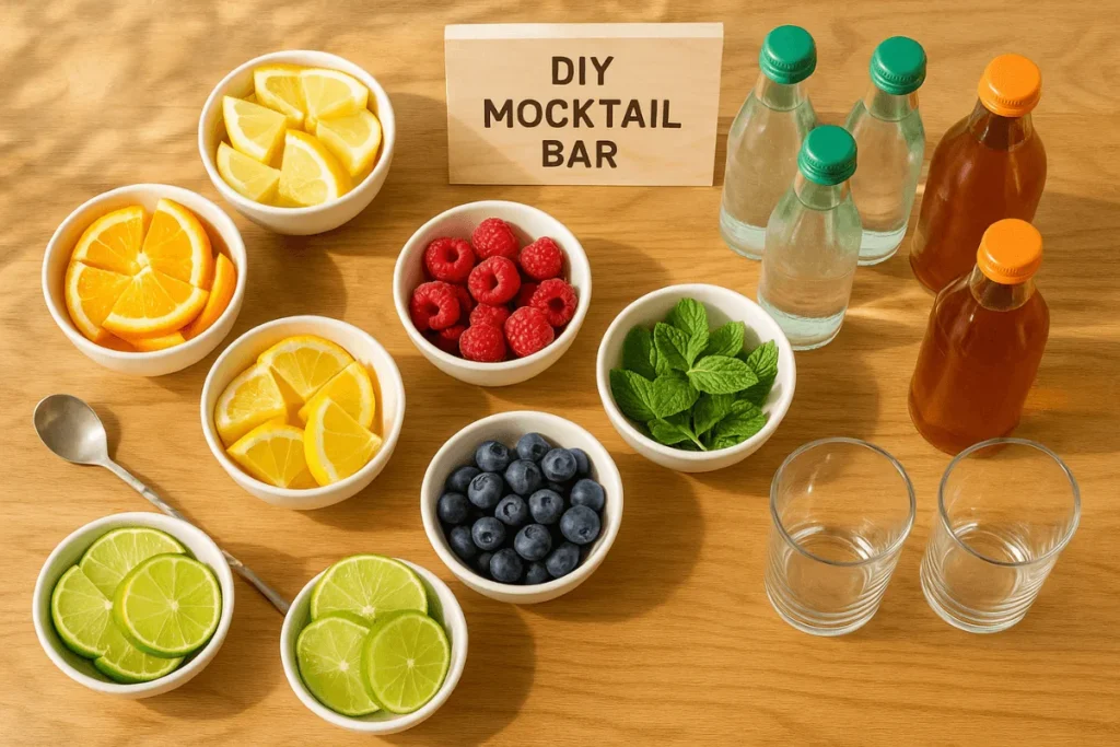 A colorful Healthy Mocktails station with fresh fruit, herbs, sparkling water, and kombucha for creating healthy alcohol-free drinks.