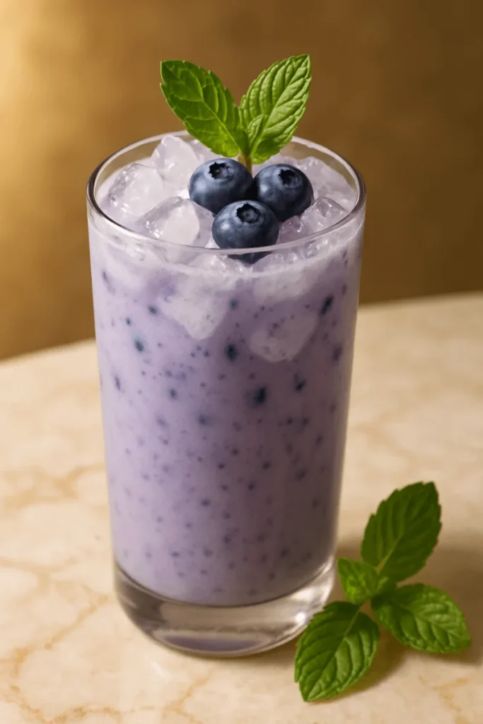 A creamy blueberry kefir Healthy Mocktails topped with fresh mint and berries, a healthy dessert-style alcohol-free drink.