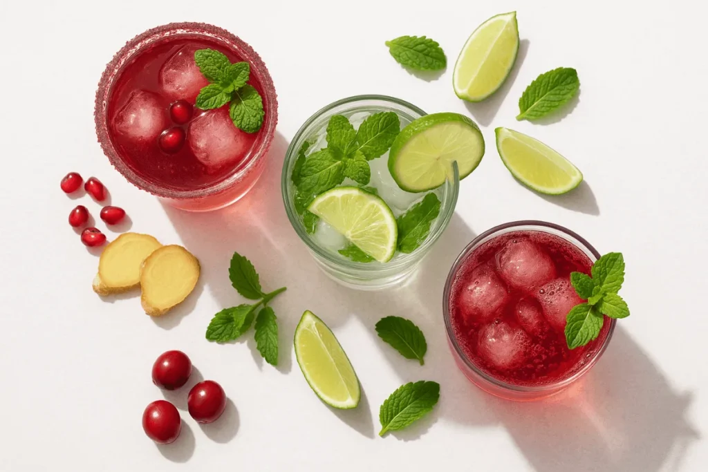 A trio of Healthy Mocktails including pomegranate ginger fizz, virgin mojito, and cranberry kombucha, each garnished with fresh herbs and fruit.