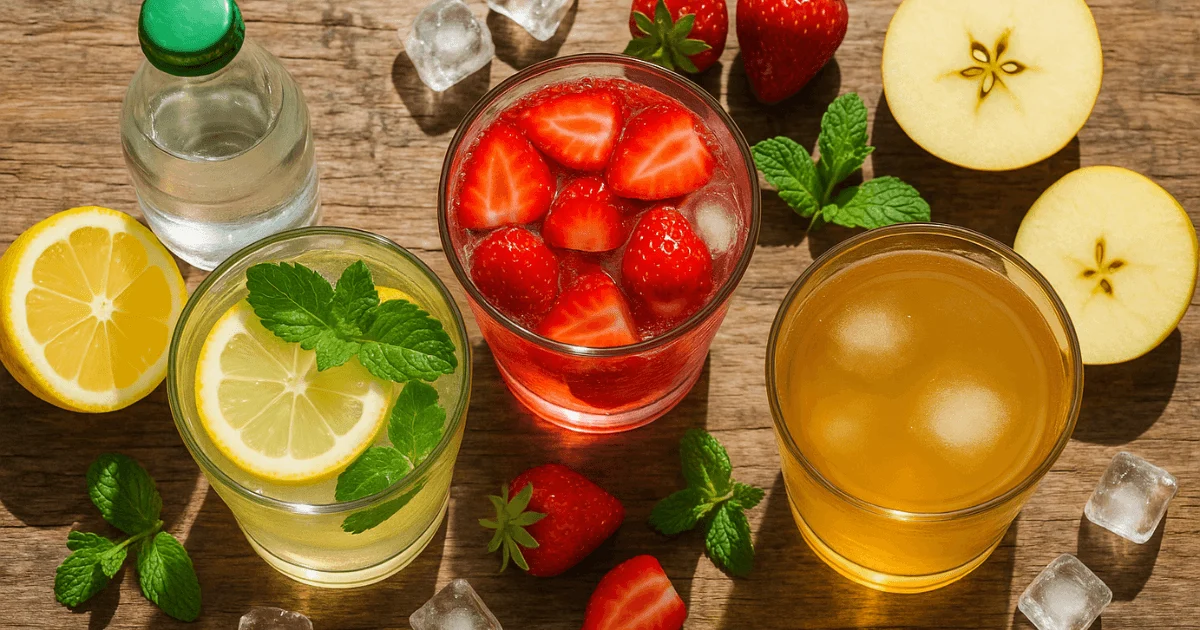 Three homemade healthy sodas made with fresh fruit, sparkling water, and apple cider vinegar, styled on a rustic wooden table with vibrant natural lighting.