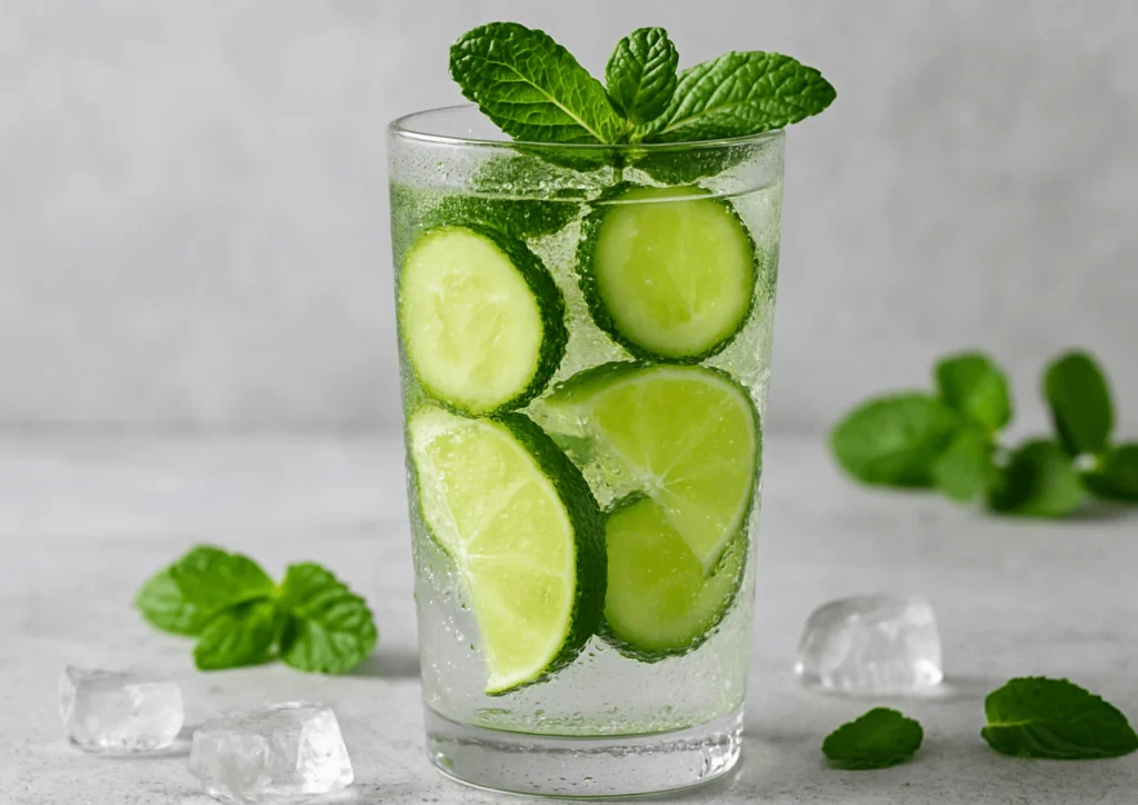 A refreshing cucumber lime sparkling water with fresh mint, served in a tall glass with condensation and ice cubes.