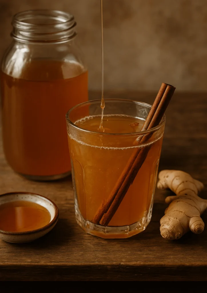 Apple cider vinegar tonic with honey and cinnamon, served in a rustic glass alongside fresh ginger and a jar of unfiltered ACV.