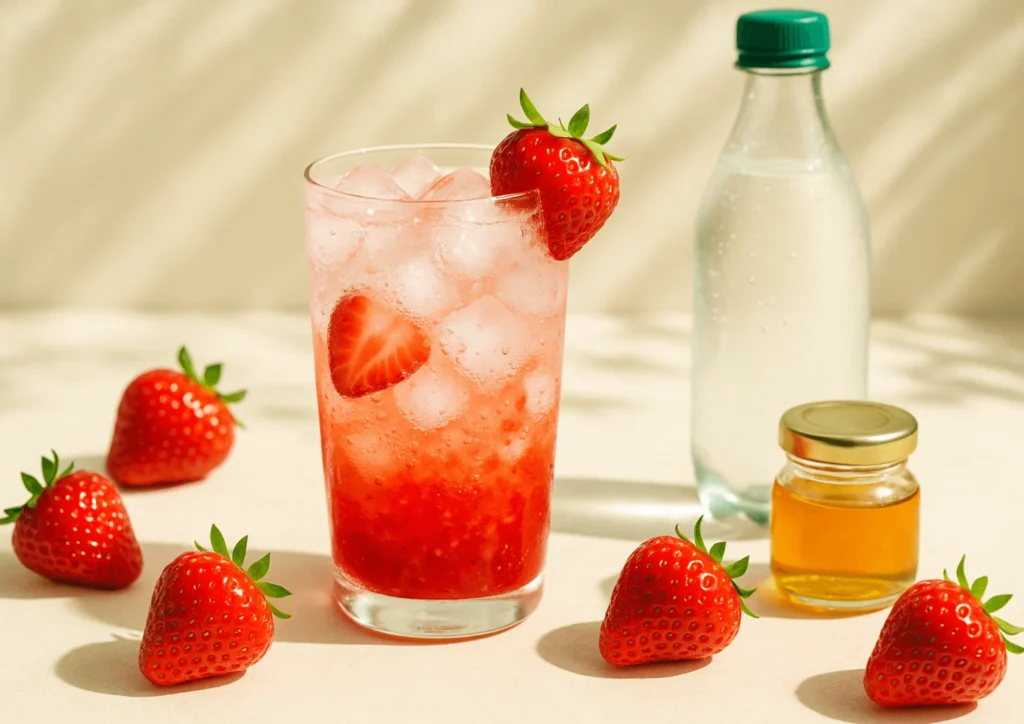 Homemade strawberry sparkling soda with fresh strawberry pulp, ice, and honey, styled with fresh fruit and sparkling water.