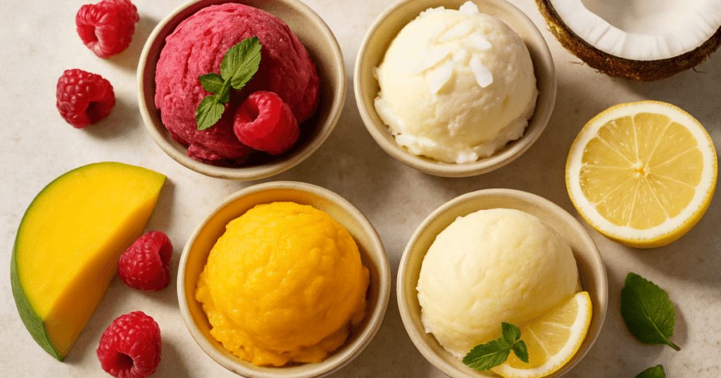 Bright and refreshing scoops of fruit sorbet in assorted flavors like mango, raspberry, and lemon served with fresh fruit on a wooden table.