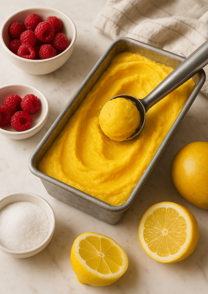 Freshly made raspberry sorbet in a loaf pan with a scoop taken out and fresh fruit and lemon beside it on a kitchen counter.
