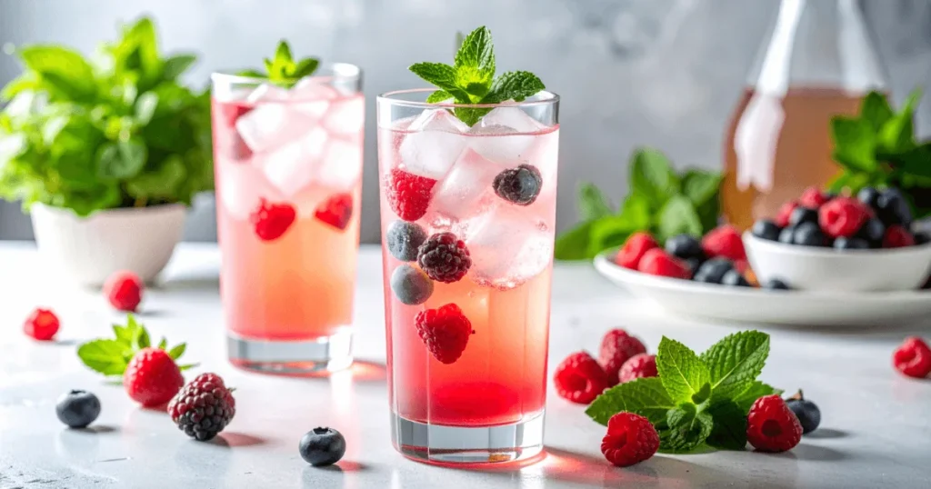 A tall glass of colorful Italian soda with ice, berries, and mint on a rustic table, showcasing its bright and refreshing appeal.
