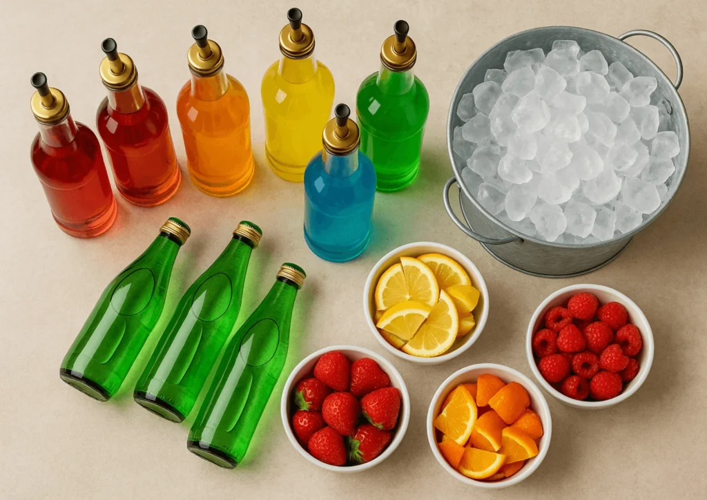 Overhead view of a DIY Italian soda bar with flavored syrups, ice, sparkling water, and fruit garnishes ready for guests.