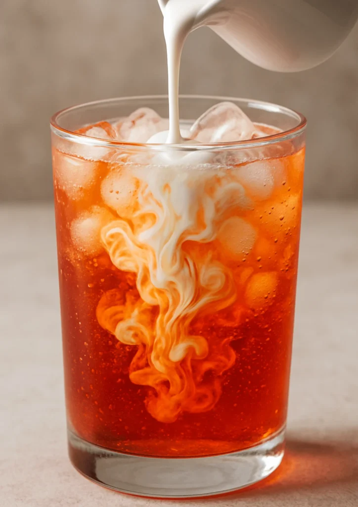 Heavy cream swirling into a glass of Italian soda, creating a creamy marbled texture.