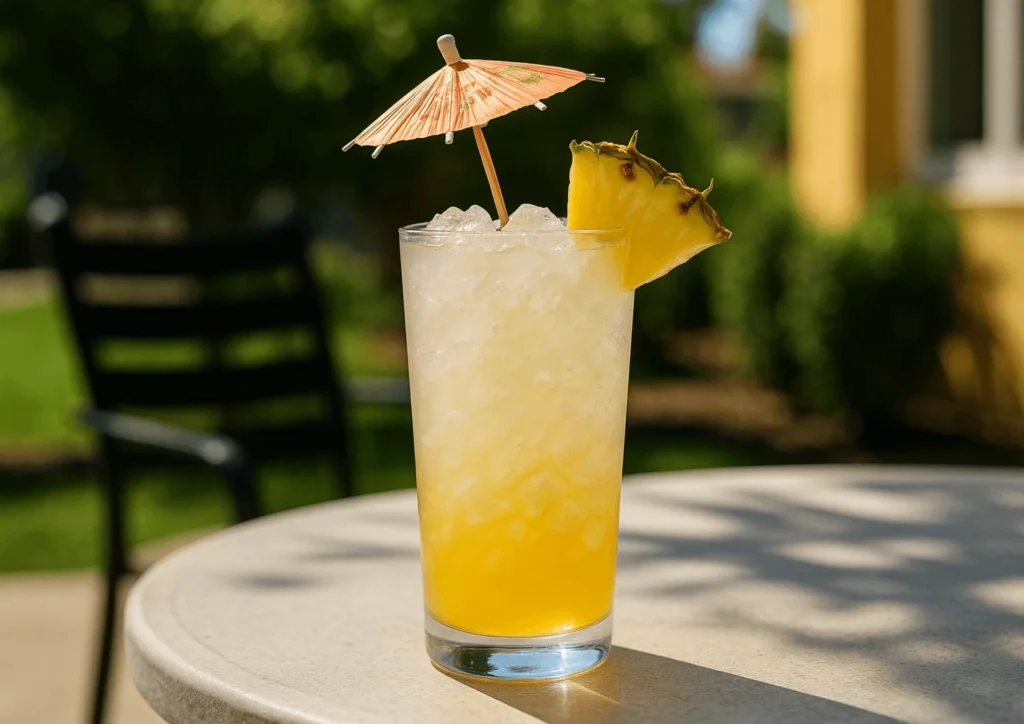 Tropical-style Italian soda with pineapple wedge and coconut flavors, served on a sunny outdoor table.