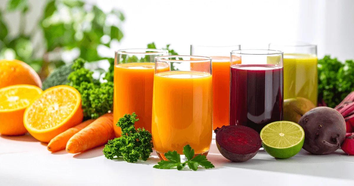 A colorful selection of fresh juices made from fruits and vegetables, perfect for highlighting healthy juicing recipes.