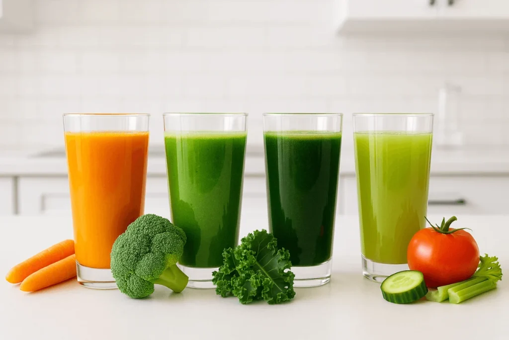 A collection of detox and health-focused juices including menopause support juice, turmeric carrot twist, broccoli brain booster, and kale green clean blend.