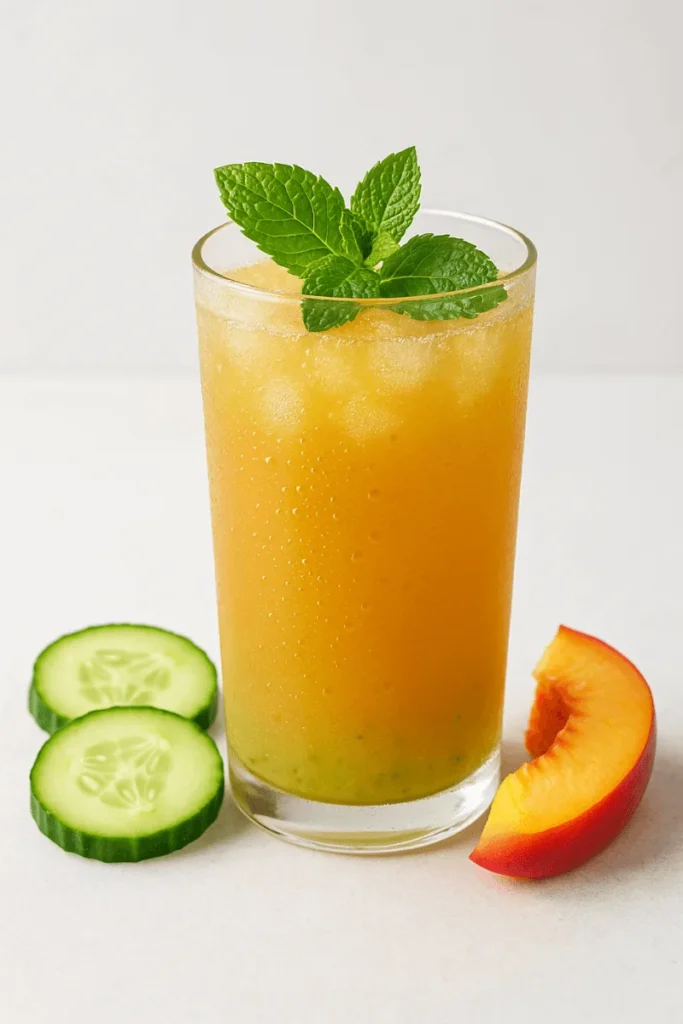 A refreshing glass of peach and cucumber juice with fresh mint leaves, perfect for hydration and digestion.