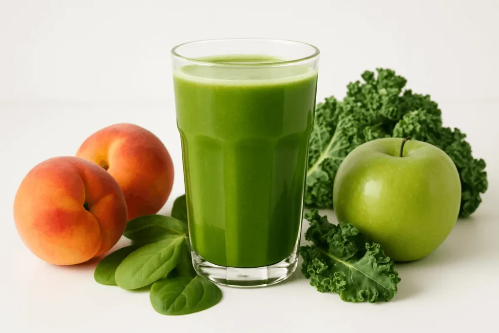 A green juice blend made with peaches, spinach, kale, and apple, rich in vitamins and fiber.