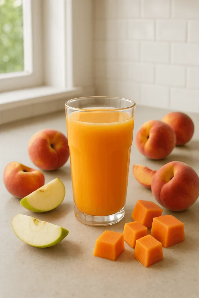 A glass of Juicing with Peaches surrounded by peaches, apple slices, and papaya, showing a healthy juice blend that supports digestion.