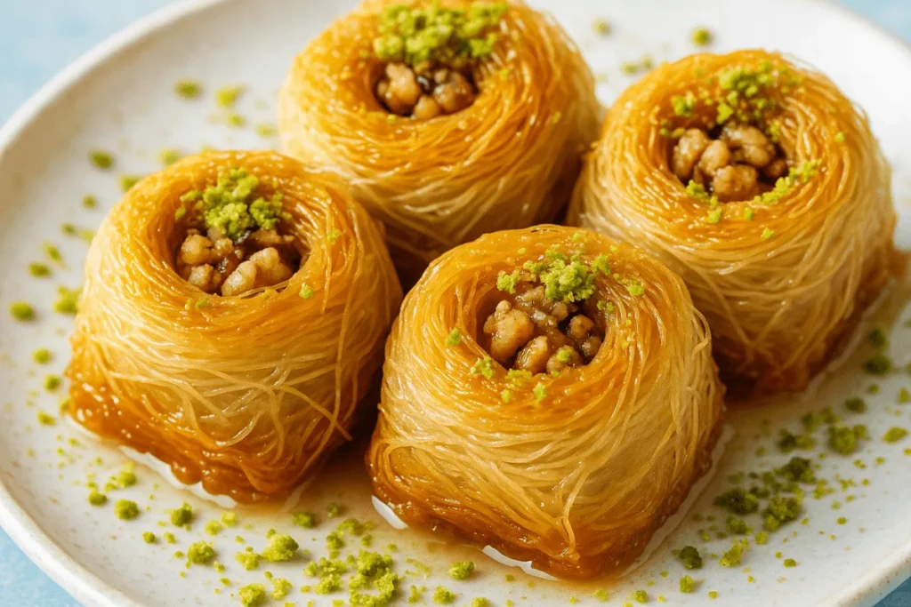 Greek Kataifi dessert made from shredded phyllo dough, filled with nuts, and topped with honey syrup and pistachios.