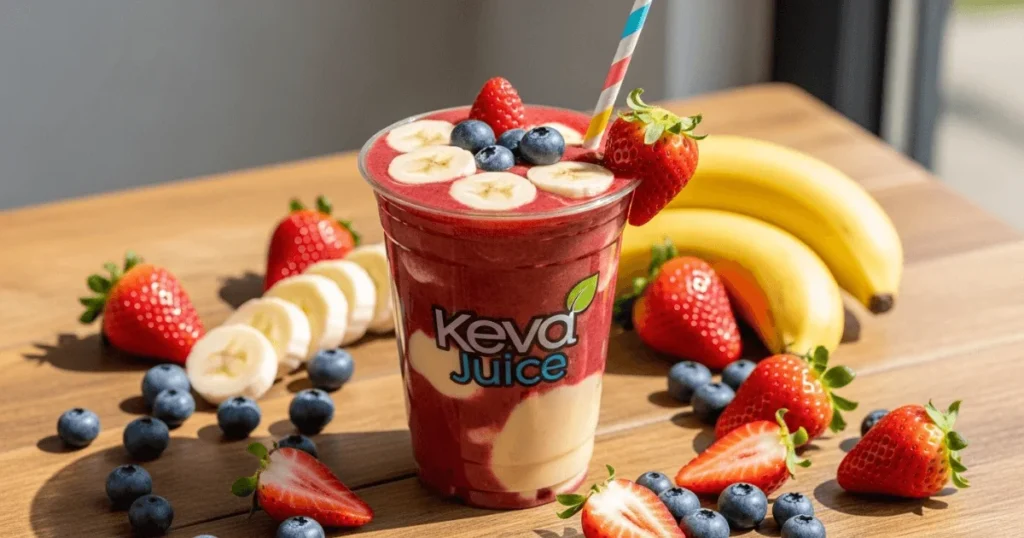 A vibrant Keva Juice smoothie served in a clear cup with the Keva Juice logo, surrounded by fresh fruits for a colorful and energizing presentation.