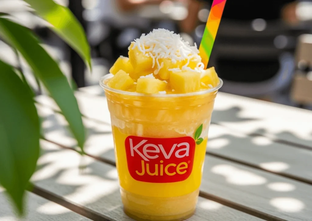 A tropical Keva Juice smoothie with pineapple and coconut toppings, captured outdoors in natural sunlight for a refreshing summer vibe.