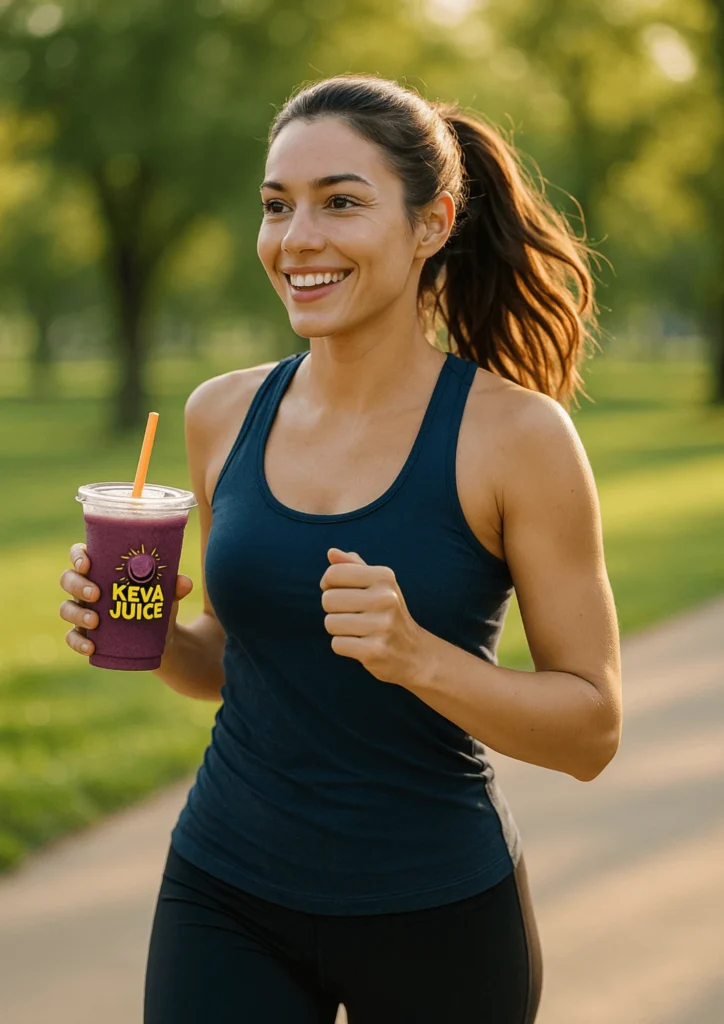 A woman in activewear holding a Keva Juice smoothie while jogging in the park, symbolizing natural energy and wellness.