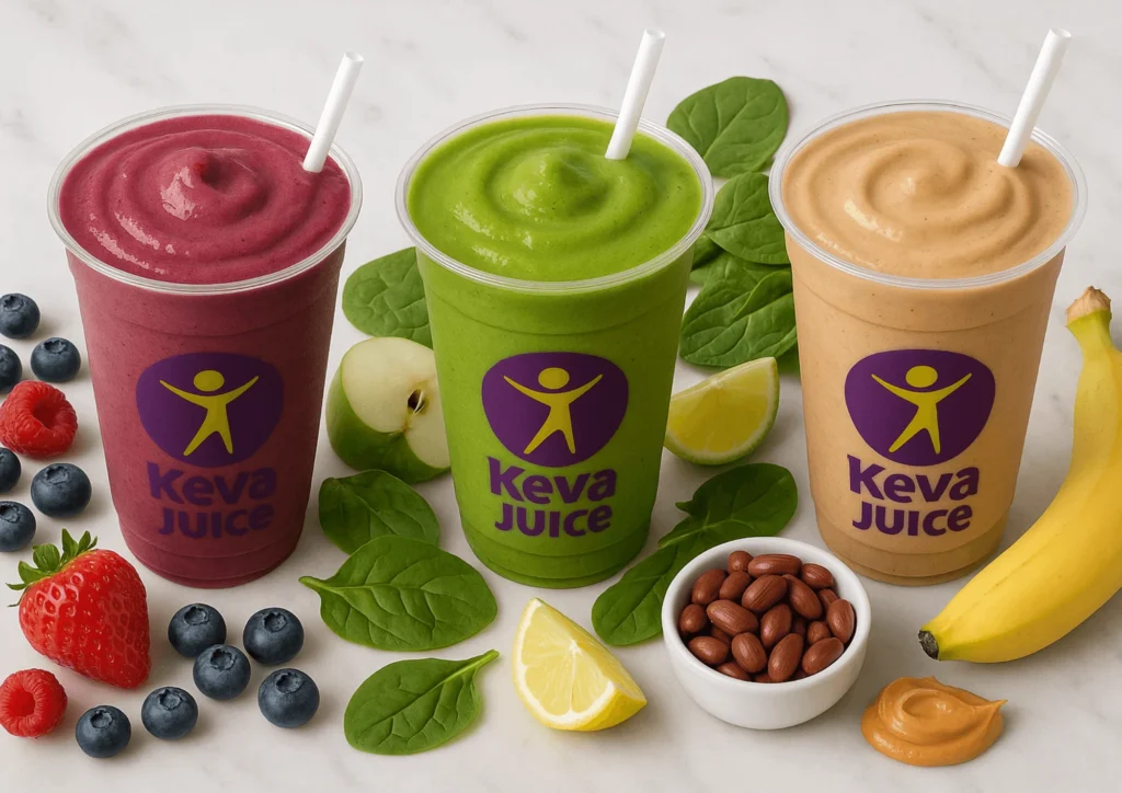 Three colorful Keva Juice smoothies — berry, green detox, and peanut butter protein — with fresh ingredients displayed around them.