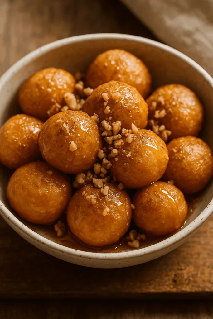 Golden Greek Loukoumades drizzled with honey, topped with cinnamon and crushed walnuts.