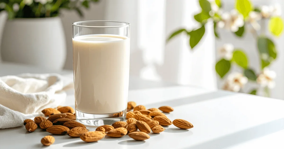 A refreshing glass of MALK Almond Milk with almonds on a rustic table, highlighting its pure dairy-free goodness.