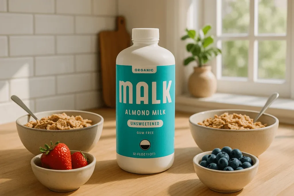 A bottle of MALK Almond Milk on a kitchen counter with cereal and fruit, showing its use as a dairy-free breakfast choice.